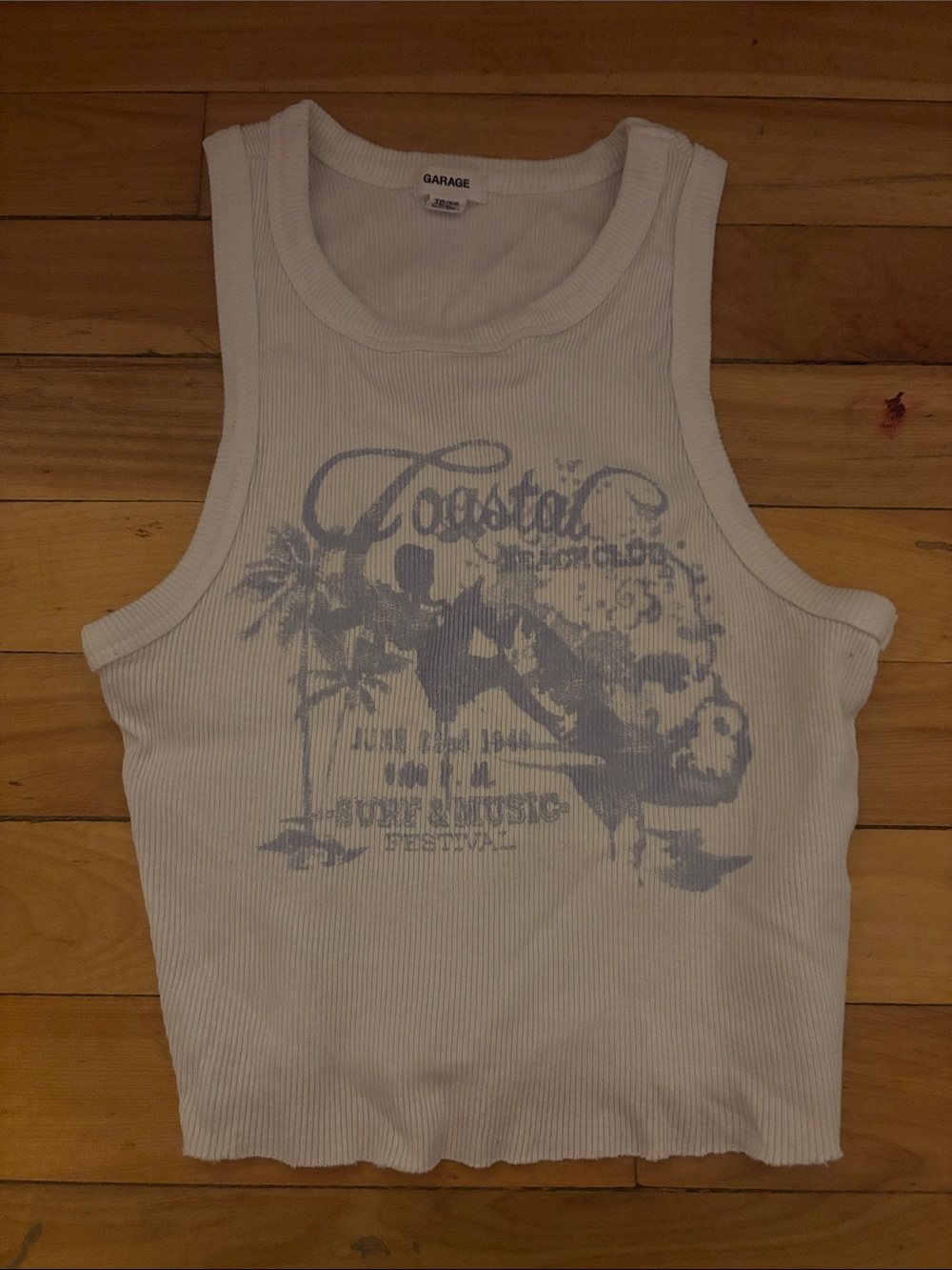 Garage White Ribbed Tank Top with Light Blue Coastal Graphic